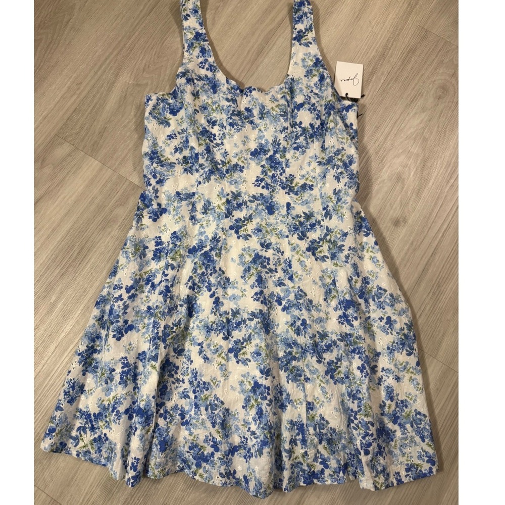 Japna Blue White Floral Eyelet Cotton Mini Dress Smocked Back NWT Size L - Picture 2 of 9